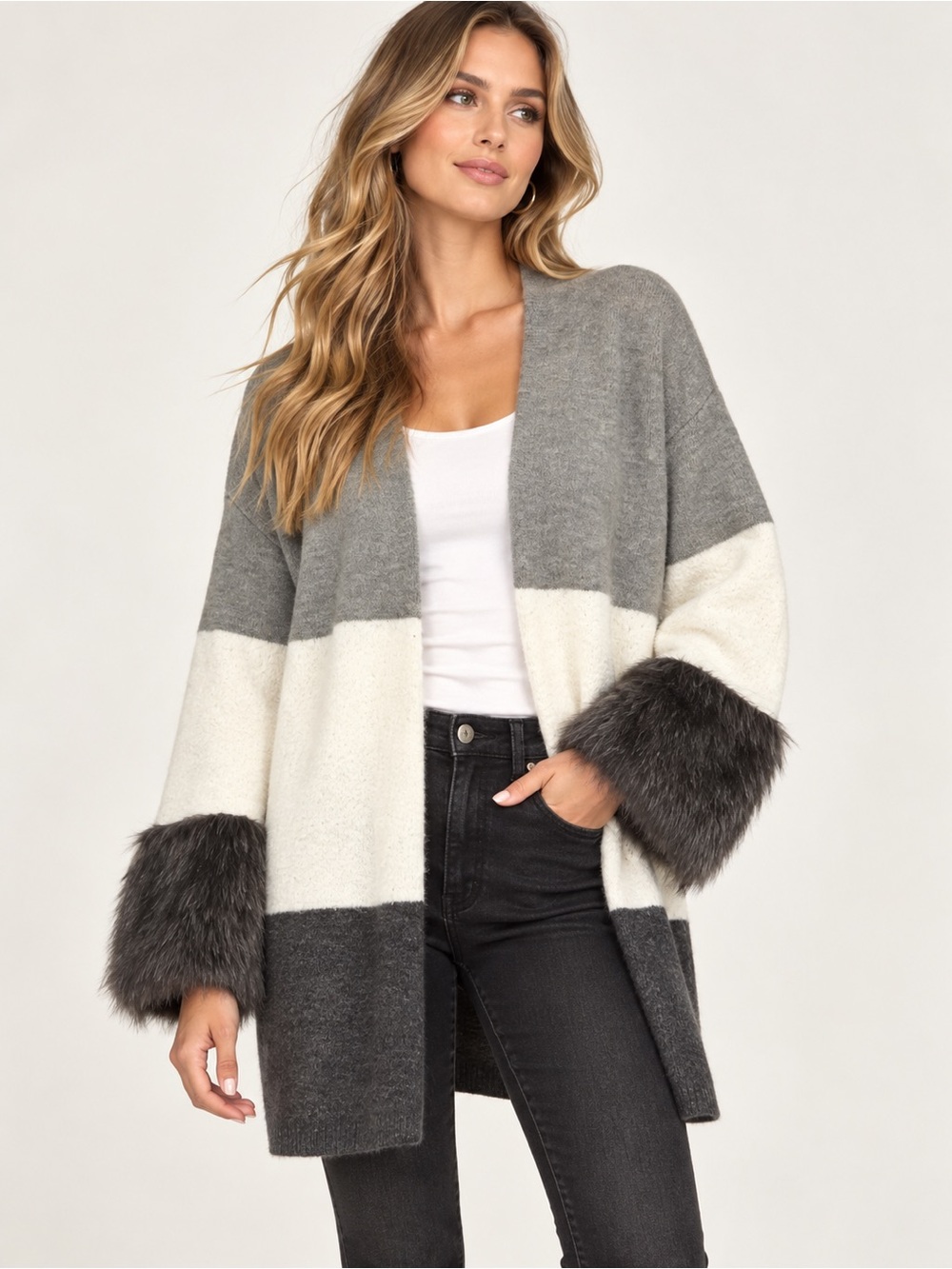 Mango Cardigan Sweater Faux Fur Sleeves XS